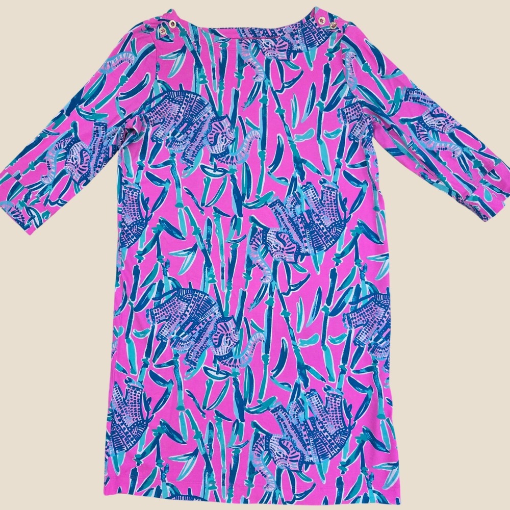 Lilly Pulitzer Girls XL 12-14 Pink Blue Elephant Bamboo Print Shift Dress 3/4